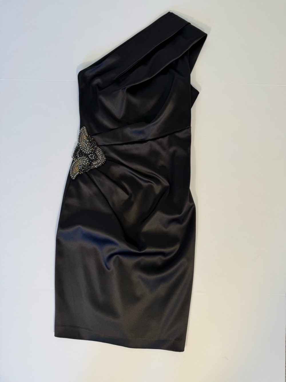Eliza J One Shoulder Black Satin Cocktail Dress Beaded Accent Size 2